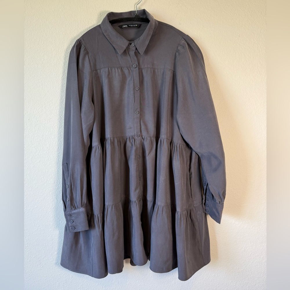 Zara Gray Tiered Button Down Tunic Dress Large Puff Sleeve Pockets